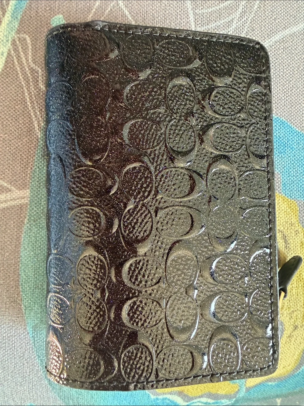 Coach Black Patent Signature Wallet with Yellow Zip Card Case